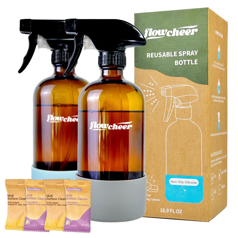 flowcheer Multi-Surface Cleaner Kits-2 Pack Reusable Spray Bottles & 4 Pack All Purpose Cleaner Refills Tablet, 4 x 16.9 Fl oz Bottles of Spray Cleaner Lemon and Lavender Scent - Image 1